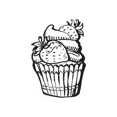 Vector illustration of a cupcake decorated with cream and strawberries. Sketch on a white background. Cute drawing for the menu, sweet snack. Dark contours.