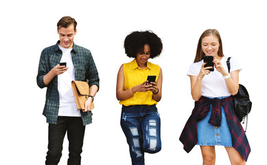 Diverse teenagers png using phones border, transparent background