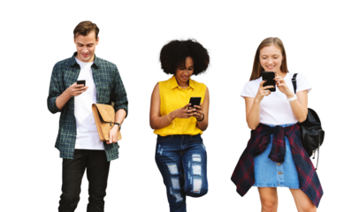 Diverse teenagers png using phones border, transparent background