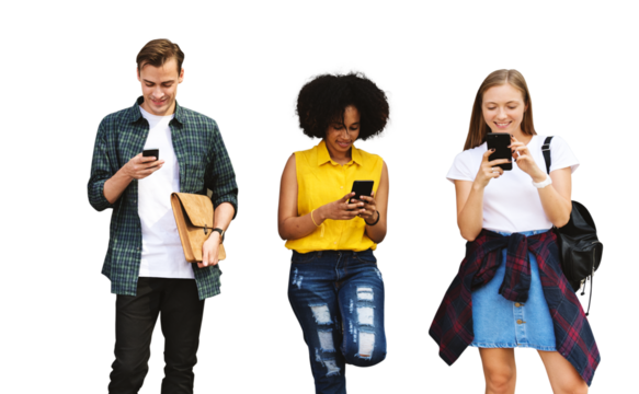 Diverse teenagers png using phones border, transparent background