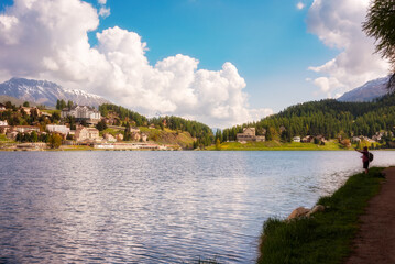 Beautiful mountain lake in summer in Swiss Alps