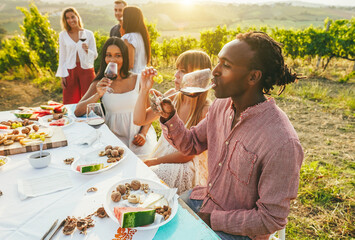 Multiracial friends drinking red wine and eating together with vineyard in background - Adult people doing wine tasting at summer time in countryside resort - Main focus on african man face