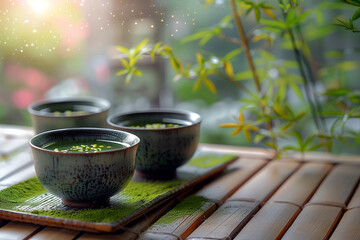 Traditional tea served outdoors on green young bamboo backdrop.