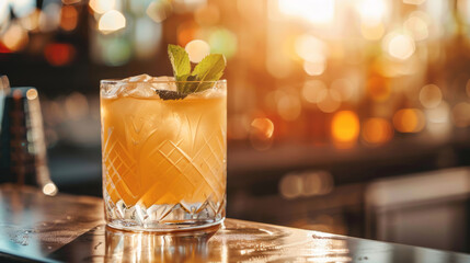 Refreshing craft cocktail on a bar with bokeh background