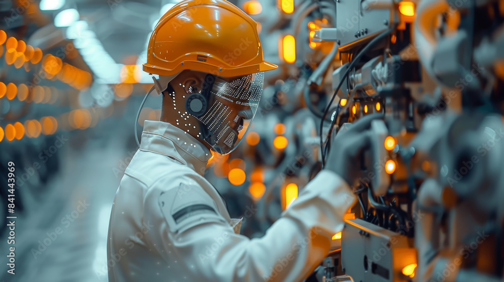 Fototapete Engineer uses artificial intelligence on the construction site with humans controlling the work of the AI. Generative AI.