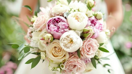 Stunning wedding bouquet featuring peonies and roses Symbolizing matrimony