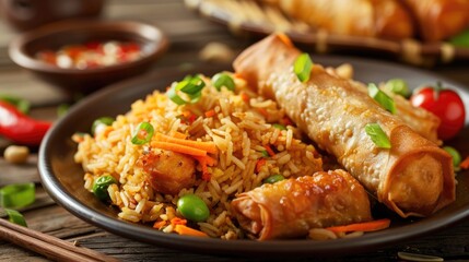 Fototapeta premium Fried rice and egg roll served with orange glazed chicken