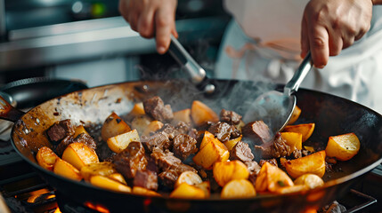 Fototapeta premium Fried potatoes with fried sausages and paprika on frying pan,ready-made seafood dish with potatoes, street food, seafood festival