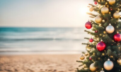 Christmas tree decorated with colourful baubles and presents underneath it, stands on a beautiful sandy beach with background blur of the ocean and sky.