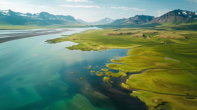 Aerial view of Hvalnes Nature Reserve in Iceland with green landscape