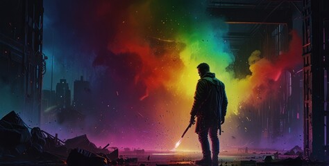 Futuristic, neo colorful, cyberpunk man in a rainy city. Neon lights, dark, sombre cyber-punk video game concept. 3D render at night, character in cyberspace. Futuristic scifi digital art.