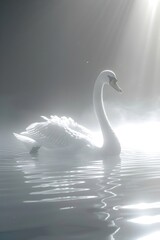 Graceful Swan Gliding Through Fog-Filled Ethereal Landscape with Soft Lighting