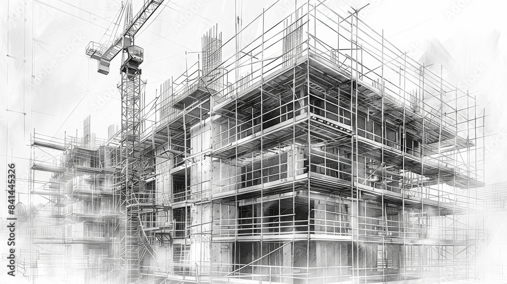 Poster Pencil drawing of a building under construction with detailed scaffolding and crane. Generative AI.