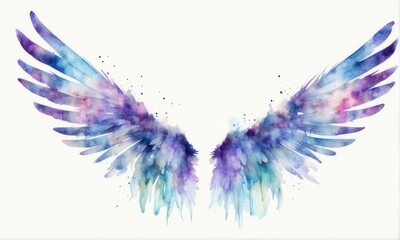 Fototapeta premium Colorful Watercolor wings with splashes on a white background Beautiful magic wings drawn with watercolor effect. watercolor blue wings with textures
