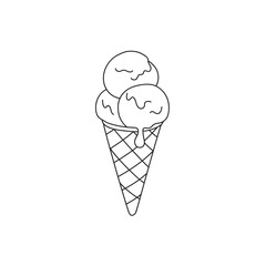 Ice cream. Three scoops of ice cream in a cone. Black and white vector image. Icon.
