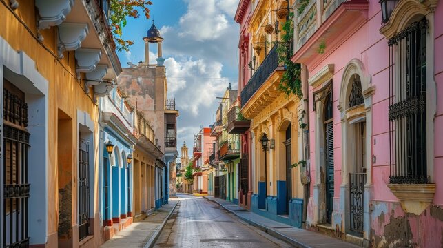 Fototapeta A colorful street with a mix of blue, pink, and yellow buildings