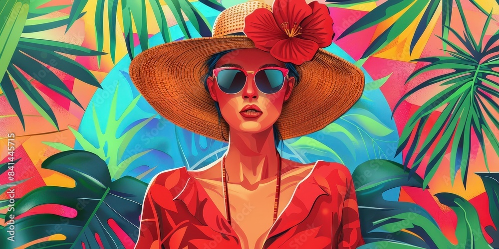 Wall mural This is a drawing of a woman wearing a straw hat with red flowers, sunglasses, and a red shirt against a background of palm leaves and geometric shapes in bright colors. 