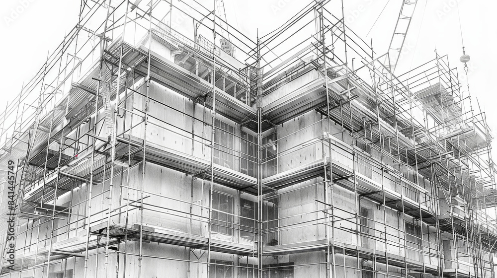 Poster Pencil drawing of a building under construction with detailed scaffolding and crane. Generative AI.