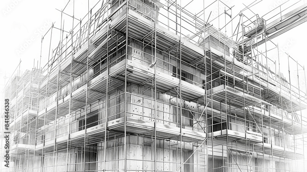 Poster Pencil drawing of a building under construction with detailed scaffolding and crane. Generative AI.