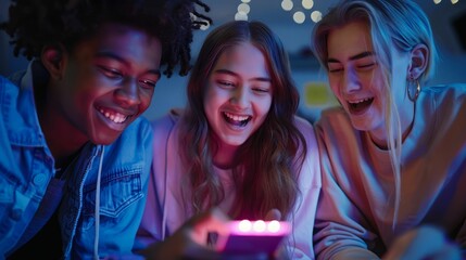 Three diverse teenagers laugh together while looking at a phone screen.  The image is lit with vibrant, colorful lights.