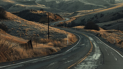 Winding asphalt road through a picturesque hilly landscape at sunset