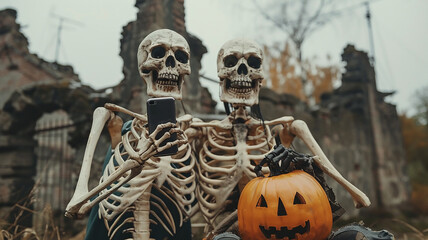 Two scary old bony skeletons take a selfie photo on their phone, hold an orange Halloween pumpkin, against the background of an ancient abandoned castle