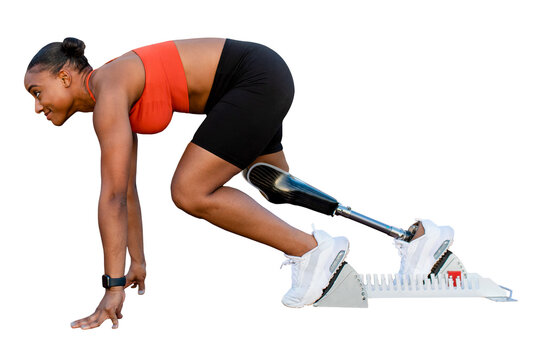 Paralympic athlete with prosthetic leg on transparent background