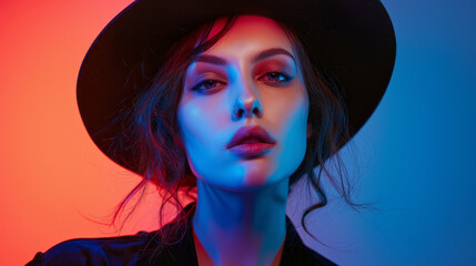 Attractive woman in stylish hat with colorful lighting in studio