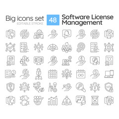 Software license management linear icons set. Regulatory compliance, usage monitoring. Licensing service. Customizable thin line symbols. Isolated vector outline illustrations. Editable stroke