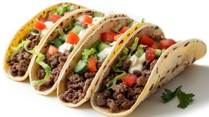 A beef taco with sour cream lettuce and tomato all wrapped in a tortilla isolated on white background 