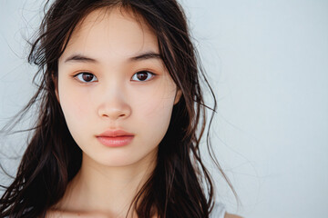 Naklejka premium a young girl with long hair and a white shirt