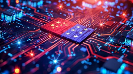 Fototapeta premium Close-up of a computer chip with American flag design, symbolizing US technology and innovation in a circuit board backdrop.