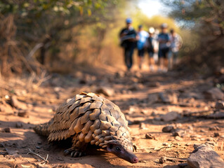 Obraz premium Pangolin on a dusty trail with blurred people in the background