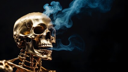  vibrant colorful abstract, gold daubing skull made of smoke or mist evaporating or disintegrating