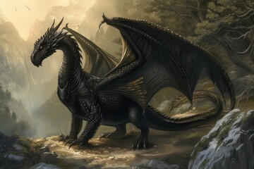 Elusive Black fantastic dragon. Fantasy monster. Generate Ai