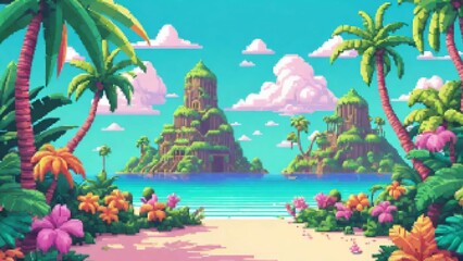 Pixel art tropical island with palm trees