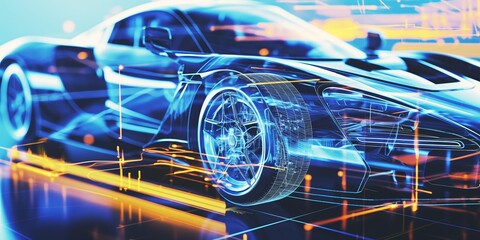 A futuristic image showcasing a high-tech car with advanced digital overlays, symbolizing the integration of cutting-edge technology in modern automotive design and engineering