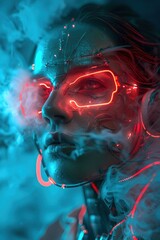 Neon-Tinged Cyborg Woman in Striking Portrait with Wires and Vapor Trailing from Augmented Form