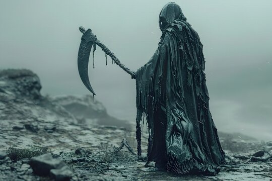 Ominous Grim Reaper Wielding Scythe Dripping with Deadly Toxin over Decimated Landscape