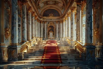 Fototapeta premium Opulent and Ornate Palace Interior with Magnificent Gilded Accents and Regal Figure on Elaborate Throne