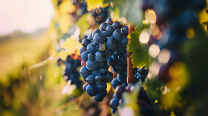 Close-up of ripe grapes on the vine in French vineyard