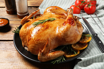 Tasty roasted chicken with rosemary and lemon on wooden table