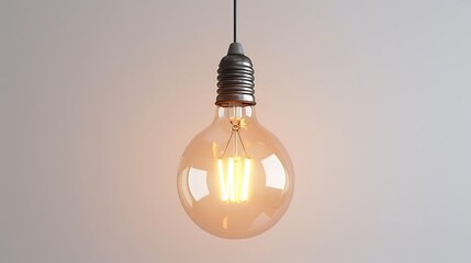 a bulb hanging with a wire with a yellow light inside that bulb showing creativity and ideas with plain white background 