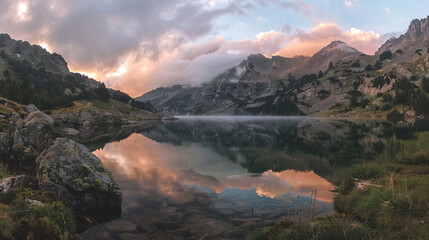 Obraz premium Cloudy sunrise over alpine lake in the French Pyrenees