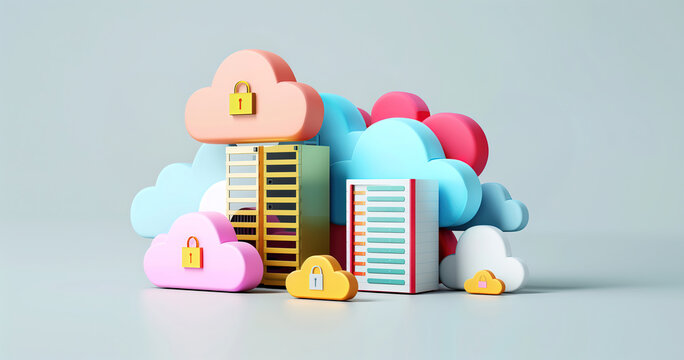 Colorful Cloud Computing Server Towers With Padlocks Illustration Database Concept Illustration