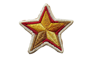 Golden embroidered star patch with red and white accents, perfect for decoration or apparel enhancement on jackets and bags.