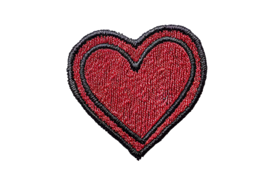 Red heart patch with black outline isolated on transparent background. perfect for DIY projects, clothing embellishment, and Valentine's Day crafts.
