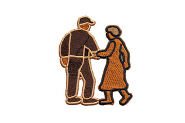Obraz premium Vintage embroidered patch depicting an elderly couple walking, perfect for nostalgia-themed crafting projects.
