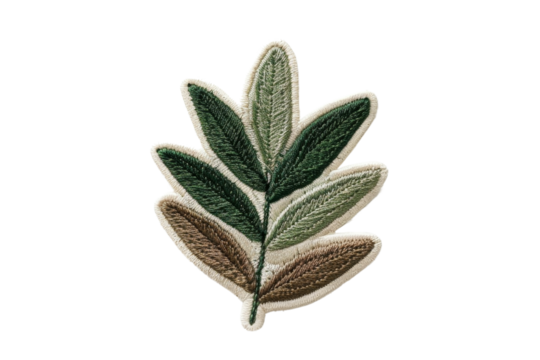 Detailed embroidered patch of a leaf with green and brown hues on a transparent background. perfect for DIY projects, crafts, and decorative purposes.