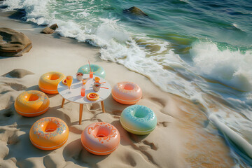 Obraz premium A beach lined with chairs, tables, and sunbeds in the shape of a doughnut. Summer time, summer vacation, summer holiday